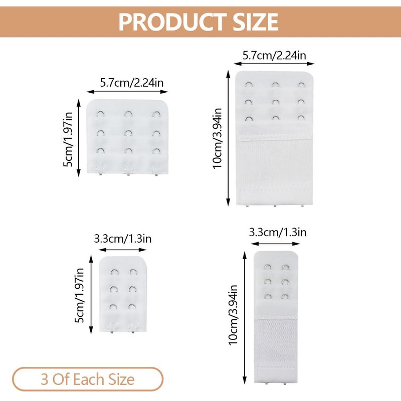 Pack of 12 Bra Extenders, 3 Rows, 2 Hooks, 3