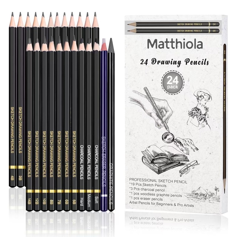 Sketching Pencil Set - 24 Pieces Drawing Sketch Pencil HB,B,2B,3B,4B,5B,6B,7B,8B,10B,12B,14B,H,2H,3H,4H,5H,6H,7H,