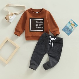 Toddler Baby Boy Fall Outfit Crewneck Long Sleeve Sweatshirt Tops Elastic Pants Jogger Cute Newborn Winter Clolthes Set (Mama Brown, 18-24 Months)