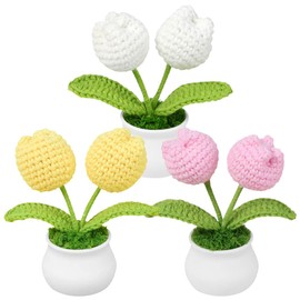 3Pcs Finished Hand Woven Woolen Yarn Tulip Flowers Crochet Padded Flowers Tulip Flower Knitted Crochet Flowers in Pot for Home Office Table Car Dash Decor,White+Pink+Yellow