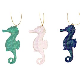 Assorted Color Glittery Seahorse Hanging Resin Christmas Tree Ornament, Set of 3, 4 1/4 Inch