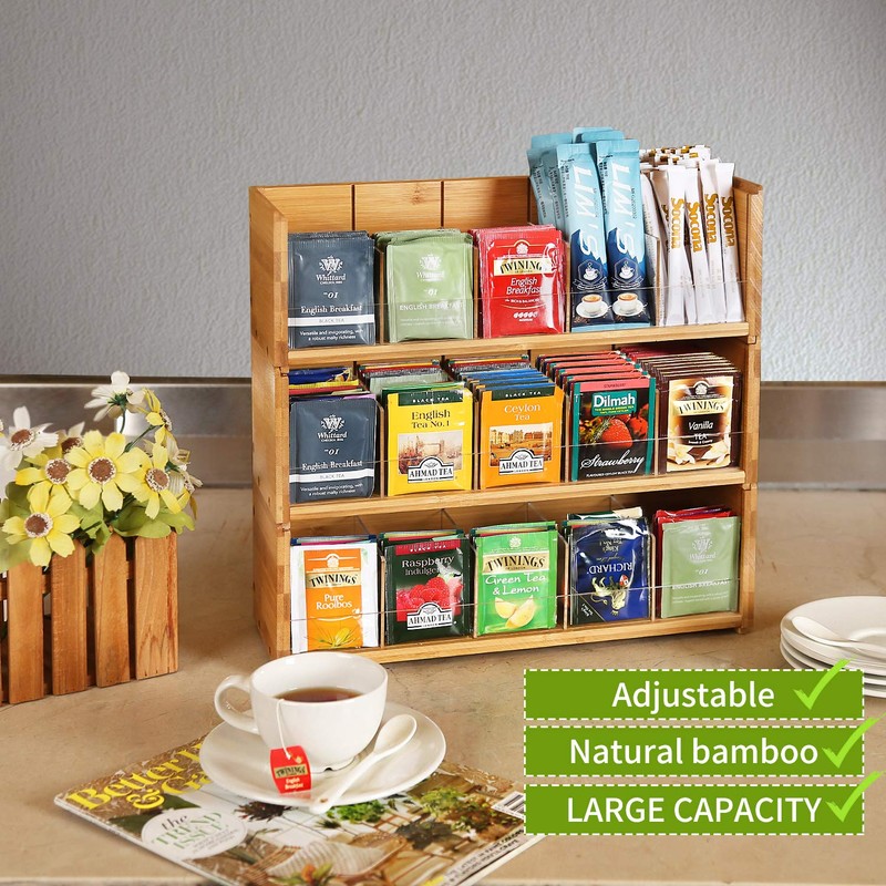 X-cosrack Bamboo Tea Bag Organizer Storage Box, 3 Tier Stackable
