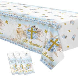Suhelkit Mi Bautizo Boy Baptism Decorations Party Tablecloth, 3 Pack Disposable Blue Floral Religious First Communion Decorations Supplies Table Cover for Gold Bless Christening, 55in x 86in