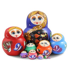 Set of 10 Multicolor Girl and Strawberry Chubby Nesting Doll,Cute Colorful Big Belly Shape Wood Matryoshka Stacking Doll Russian Dolls Handmade Wooden Toy Set for Kids Nursery Room Home Decor