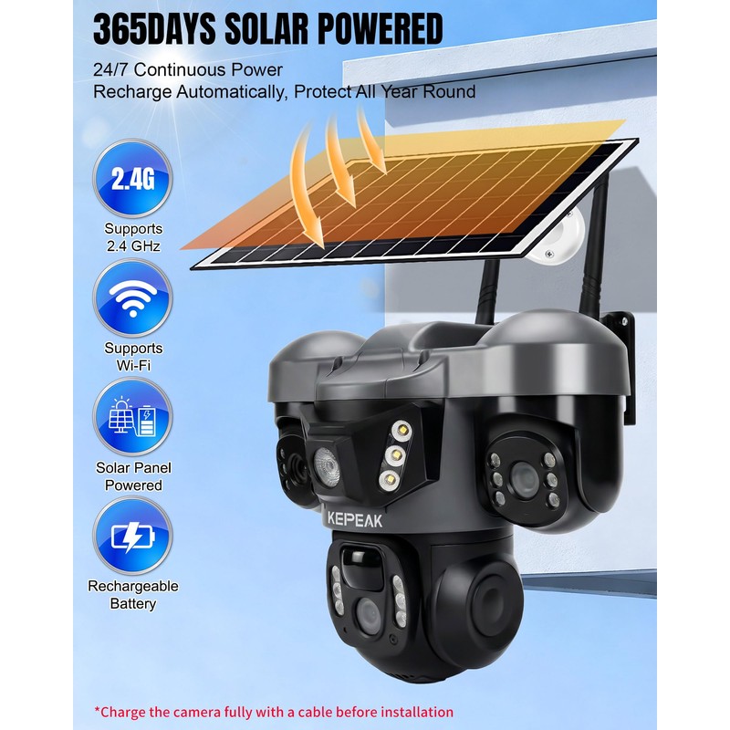 Solar Security Camera Outdoor Wireless, Triple Lens PTZ Camera, 360°