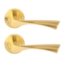 HANDLEZONE® Zena Privacy Lever On Round Rose Door Handles, with Privacy Latch, for Bathroom, Toilet, WC Doors, 1 Set - Brushed Brass