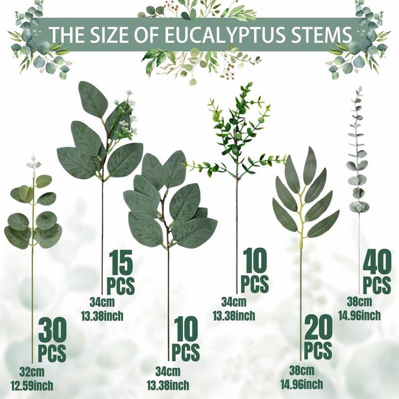 125 Pcs 6 Kinds Mixed Artificial Eucalyptus Stems