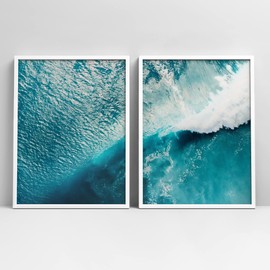 Ashbrook Framed Wall Art Collage Print Gallery Set Aerial View of Teal Nautical Tropical Ocean Sea Wave Nature Wilderness Photography Colorful for Living Room, Bedroom, Office - 12"x16"x2 WHITE