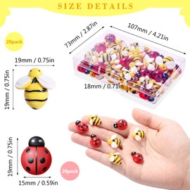 MIKIMIQI 40 Pcs Tiny Resin Bees Ladybugs Decor, Including 20 Pcs Bumble Bee Embellishment 20 Pcs Resin Ladybug Craft Decorations with Storage Box for DIY Craft Wreath Party Decor, 0.74 Inch