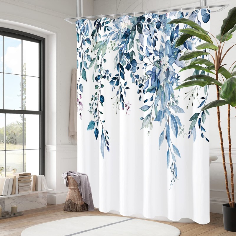 Gibelle Blue Eucalyptus Shower Curtain, Watercolor Plant Leaves with Floral