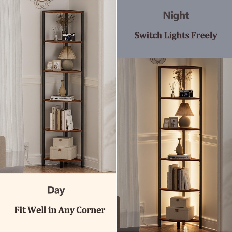 Furnulem 6 Tier Corner Shelf with LED Light, 67.5” Tall