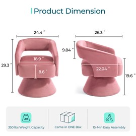LINSY Swivel Barrel Chair, 360 Modern Swivel Accent Chair Boucle Swivel Chair Round, Pink Velvet Chairs with Arms, Small Barrel Chair for Small Spaces Bedroom Living Room