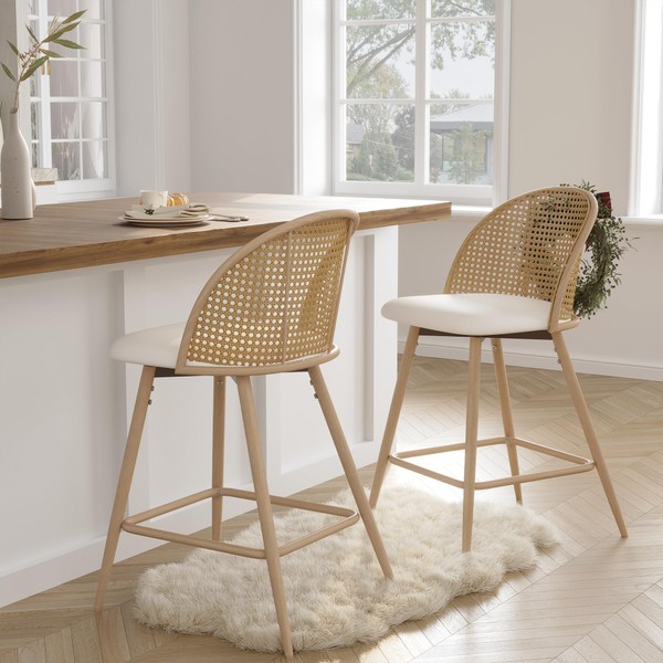 TYBOATLE 26'' BarStools Set of 2 w/Rattan Backrest, Swivel Counter