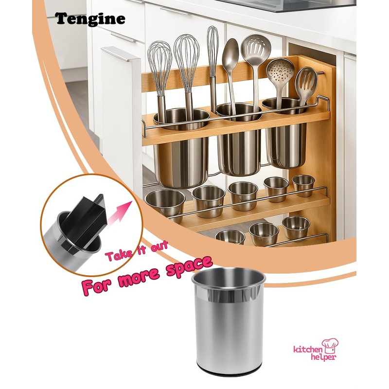 TENGINE Stainless Utensil Holder 360° Rotating 6.5X5.25 Inch Utensil Crocks