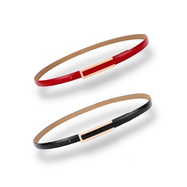Women's Belt Fashion Elegant Dress Skinny Patent Leather Belts Waistband Thin Waist Belt Alloy Gold Buckle, 2-Pack, Black & Red, For Waist 30"- 36", Women Size M-L, 6-8