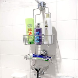 Gecko-Loc SHORT Length Hanging Bathroom Shower Caddy Organizer Over the Showerhead Hanger and Wall Mounted Suction Cup - Deep Storage Baskets for large shampoo bottles soap dish and Hooks (Silver)
