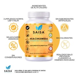 Niacinamida + Colágeno 120 Cáps SAISA HERBAL | Suplemento Alimenticio | Apoyo para Piel, Antiedad y Belleza Natural | Calidad Premium