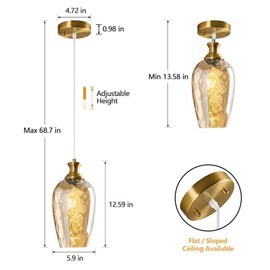 LBSQJ Glass Pendant Lights Kitchen Island 2 Pack 5.9" Amber Hammered Glass Pendant Light Gold Kitchen Pendant Lighting Over Sink Modern Bedroom Dining Room Hanging Light Fixture