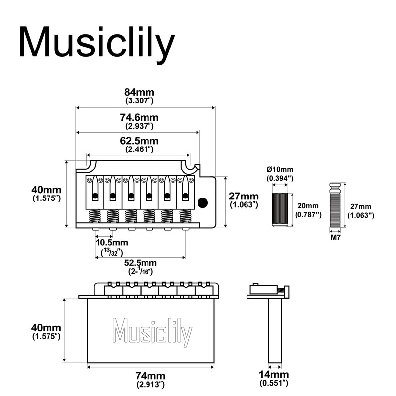 Musiclily Pro 10.5mm Modern 2-Point Support Tremolo Unit Bridge 40mm