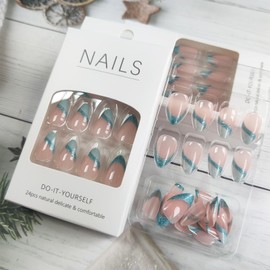 Blue French Tips Press on Nails 30Pcs Glossy Blue Glitter Curve Line Acrylic Fake Nails Sparkly French False Nails Gel Glue on Nails for Manicure Stick on Short Almond Nails for Coquette Women Girls