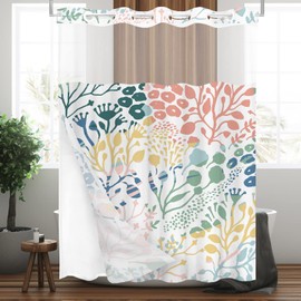 Tititex No Hooks Snap in Liner Colorful Coral Shower Curtain, Hotel Luxury Double Layers Waterproof Fabric & See-Through Top Window Bathroom Decorative 72x78 Inch