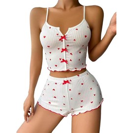GIVTULIP Women's Pyjamas Shorts Set Summer Sleeveless Tank Top and Shorts Soft Cotton Pj Sets with Heart Print Elegant Crop Top Nightwear with Drawstring Camisole Loungwear Sleepwear White