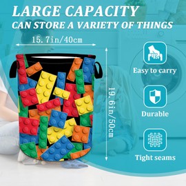 Colorful Building Blocks Laundry Basket, Funny Bricks Laundry Hamper Foldable Waterproof Tote Bag Dirty Clothes Storage Bucket Toy Organizer for Bathroom/Laundry/Bedroom 15.7"x19.6"