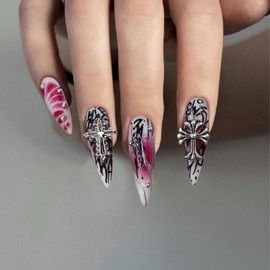 24pcs Long False Nails,Dark Red Black Stick on Nails Silver Cross Press on Nails,Removable Glue on Nails Full Cover Fake Nails,Suitable for ladies to wear and give as gifts