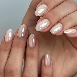 SXVME Uñas postizas cortas ovaladas color beige cromado blanco, 32 piezas de uñas postizas gruesas y bonitas con acabado brillante y diseño de espejo,