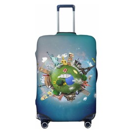DOINBEE Around the World Suitcase Covers Funny Famous Landmarks Airplane World Map in Galaxy Sky Blue Rainbow Travel Luggage Cover Protector for Suitcase 18-21 Inch, Elastic Luggage Sleeves or Covers