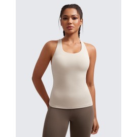 CRZ YOGA Butterluxe Workout Tank Tops for Women Built in Shelf Bras Padded - Racerback Athletic Spandex Yoga Camisole Mojave Tan Small