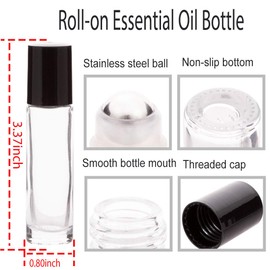 ZIZEMOJA 10ml Essential Oil Roller Bottles, 24 Pack Leak-proof Glass Roll on Bottles for Essential Oils, with Stainless Steel Roller Balls, 1 Extra Roller Ball, 24Labels, 1 Openers, 2 Droppers, Clear