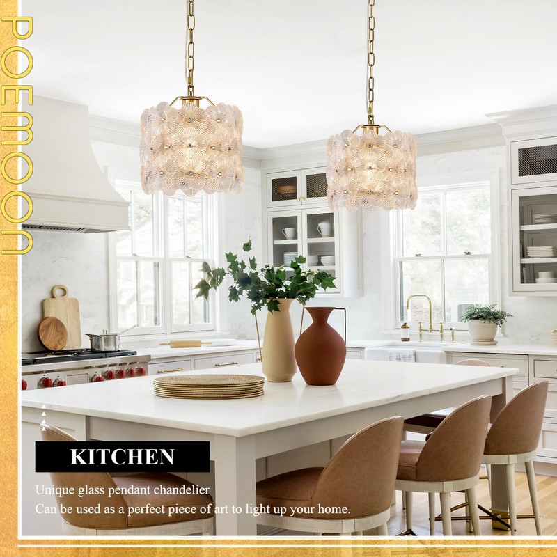 Poemoon Gold Glass Pendant Light 1-Pack Modern Flower Small Ceiling