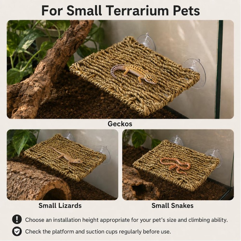 MHLLGN Reptile Hammock with 2 Suction Cups, Handwoven Natural Grass