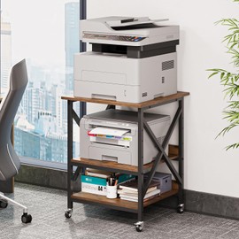 VENNQD 23.6 x 23.6 x 30.3 Inches Printer Stand, Large Printer Table with Adjustable Middle Shelf, Rolling Printer Cart with Wheels, 3 Tier Printer Table for Home Office Scanner Fax, Rustic Brown
