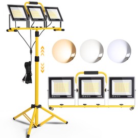 31000 Lumen LED Work Lights with Stand, Portable 3 Head Work Lights with Individual Switch (3000K/5000K/6500K Select) & 16.5FT Cord, IP66 Waterproof Foldable Tripod Stand Worklights for Outdoor Indoor