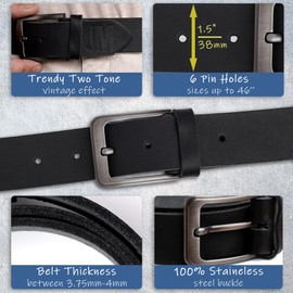 John Moses - Mens Leather Belt with Scratch Resistant Buckle Soft Genuine Belt for Casual Denim Dress Black 44-46, black