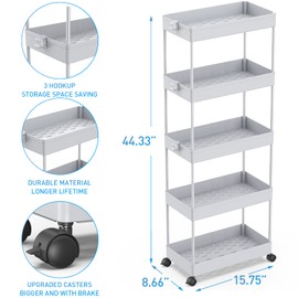 SPACEKEEPER 5-Tier Storage Cart, Bathroom Storage Organizer Rolling Utility Cart, Mobile Shelving Unit Slide Out Storage Shelves for Kitchen Living Room Bathroom Laundry Room & Dressers, Gray