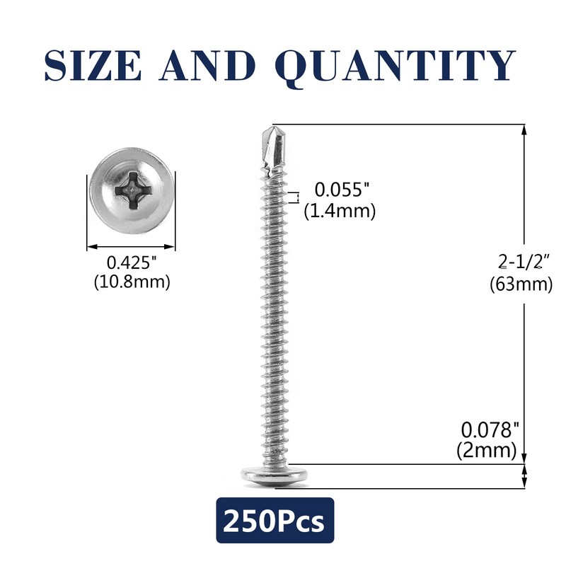 #8 x 2-1/2" Sheet Metal Screws 250PCS 410 Stainless Steel