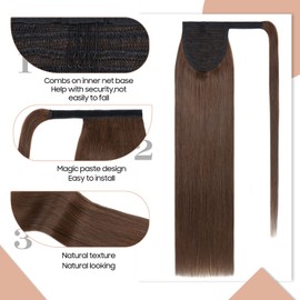 S-noilite Wrap Around Ponytail Hair Extension Human Hair Ponytail 18" Medium Brown Remy Hair Straight Ponytail with Highlighted Brazilian Hair Wrap Ponytail Magic Paste 90g(18" #04)
