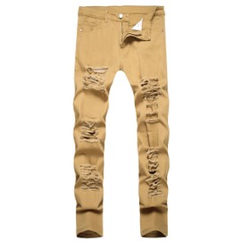 Men's Ripped Skinny Stretch Distressed Destroyed Slim Jeans Denim Pants Khaki 32