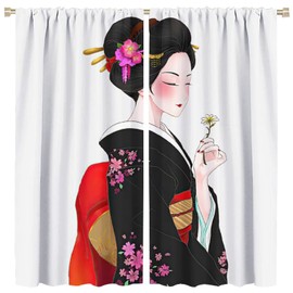 Japanese Curtain Kyoto Geisha Girls and Cherry Blossom Window Beautiful Clear Art Curtain Used for Room Shading and Sun Protection Decorative Curtains 42x63in