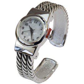 Blekon Collections Women's Petite Mother of Pearl Rope Bracelet Cuff Watch (Silver)