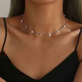 Aneneiceera Vintage Pearl Choker Necklace Gold Pearl Necklace Short Pearl Chain Necklace Minimalist Collar Necklace Jewelry for Women (Silver)
