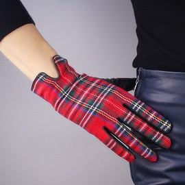TECH GLOVES Plaid Real Leather Wrist Long Red Scottish Grid Tweed Wool Gift