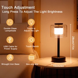 JHY DESIGN Industrial Touch Control Table Lamp 11"H 3-Way Dimmable Bedside Lamp Rechargeable Nightstand Lamp with Glass Shade for Bedroom Living Room Dining Room Patio Outdoors（Black,Type-C Charging）
