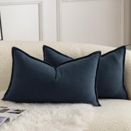 MANDIOO Pack of 2 Neutral Cotton Throw Pillow Covers Solid Decorative Couch Pillow Covers Boho Farmhouse Cushion Covers Home Decor for Sofa Living Room Bed Bedroom 12 x 20 Inch Navy Blue