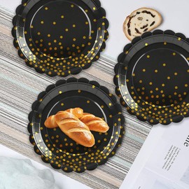 HFBOBP 90PCS Black and Gold Plates and Napkins Party Supplies Decorations, 7Inch Scalloped Black Paper Plates and Napkins Set Disposable Party Dinnerware for Birthday Wedding,Graduation