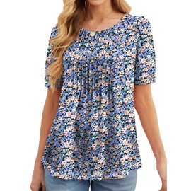 GRECERELLE Womens Summer Tops Casual Dressy Soft Short Sleeve Tunic Front Pleated Spring Crew Neck Tees T-Shirts Loose Blouse for Ladies (Orange Blue Flower, L)