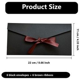 6 Pack Envelopes with Ribbons, Gift Envelopes Black Invitation Envelopes Large Vintage Envelope for Wedding Birthday Festival Invitations, 8.66 x 4.33 inches